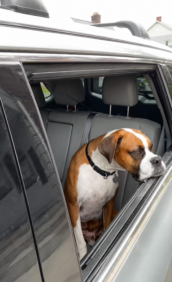 Bailey resting his head on a car window